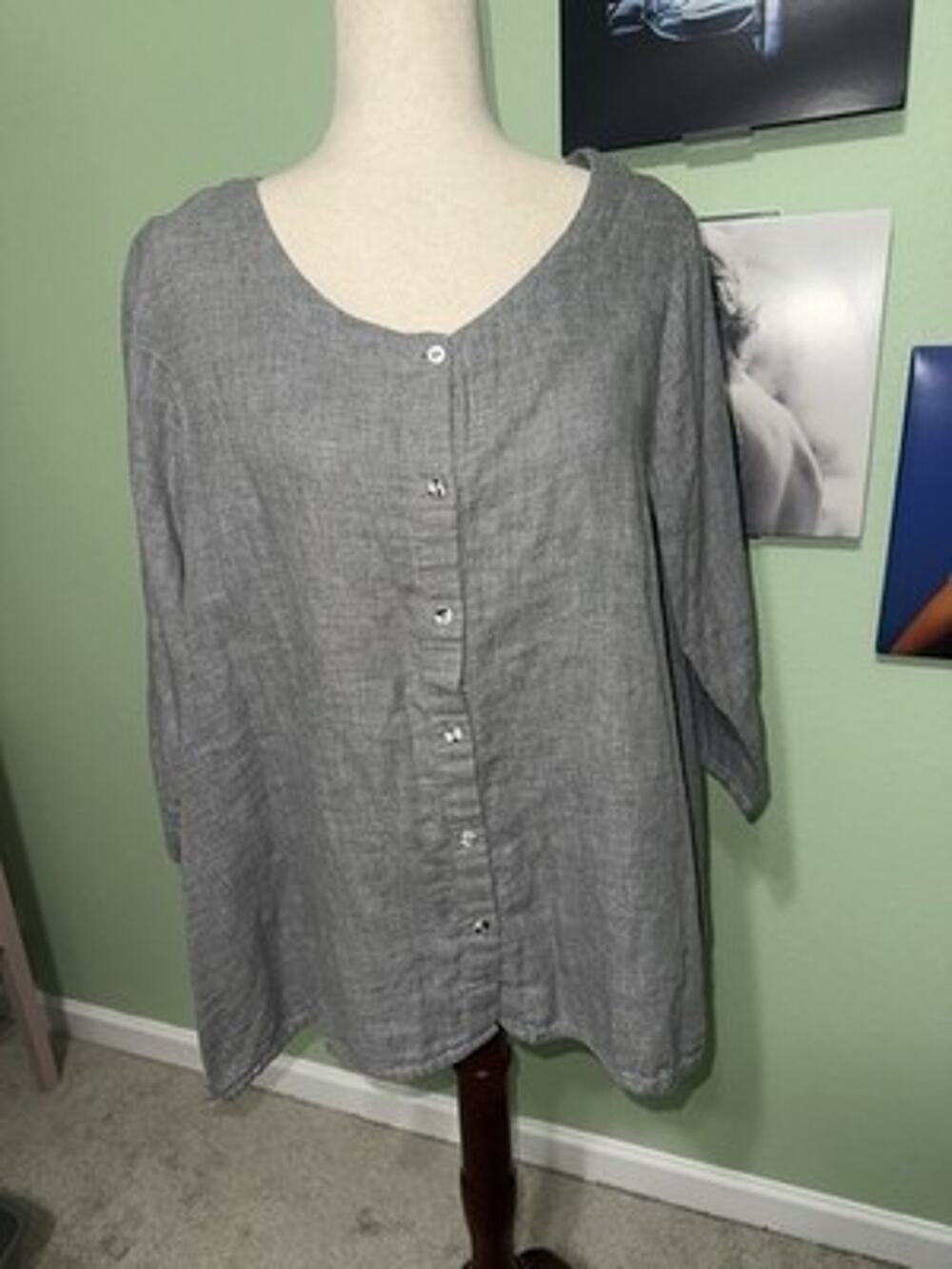 Pure Jill Women Medium Petite Gray Cotton Button Front Lagenlook Tunic Blouse